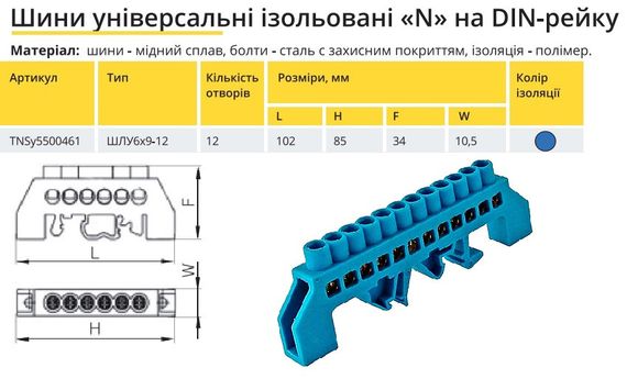 Універсальна Шина ізольована «N» на DIN-рейку ШЛС 6х9-12 синій Ny95500461 | Зображення 1
