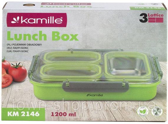 Ланч-бокс Kamille Snack 1200мл на 3 секции, пластик и нержавеющая сталь, зеленый KM-2146GR | Зображення 6