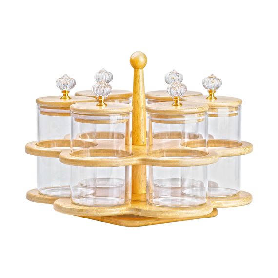 Банки для сыпучих продуктов набор из 6 штук по 580 мл на деревянной подставке HP16292