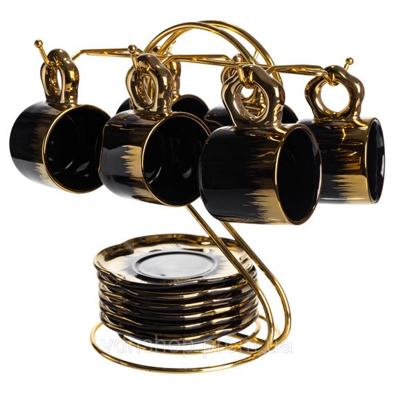 Набор чашек для кофе на металлической подставке 6 (шт) по 100 (мл) Черный с золотом FM-47 | Зображення 4