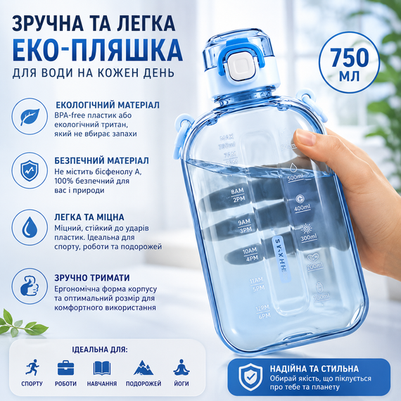 Эко-бутылка для воды 750 мл голубая, BPA-free с ремешком и мерной шкалой | Зображення 3