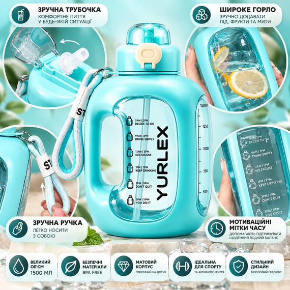 Спортивная эко-бутылка YURLEX 1500 мл (1,5 л) - бирюзовый градиент, матовая бутылка для воды с ручкой и трубочкой | Зображення 2