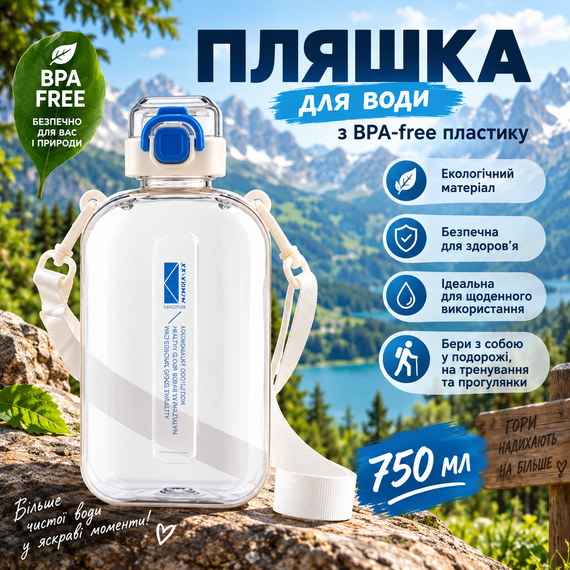 Спортивна пляшка для води SPORT 750 мл з ремінцем — багаторазова BPA-free пластикова пляшка з герметичною кришкою, бежево-синя | Зображення 3