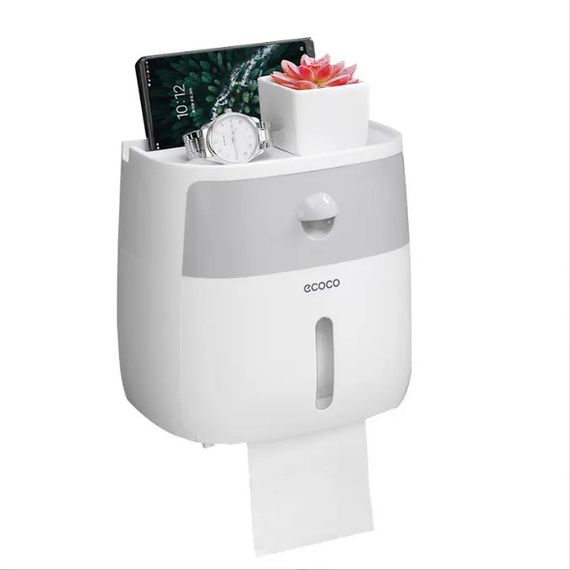 Держатель туалетной бумаги Ecoco настенный с полкой для телефона - White Grey
