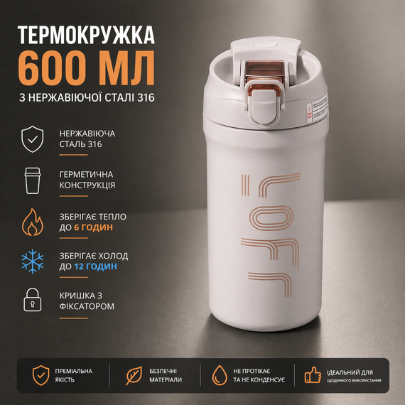Термокухоль 600 мл з нержавіючої сталі 316 світло- сірий – вакуумний термос з кнопкою, герметичний, для кави та чаю