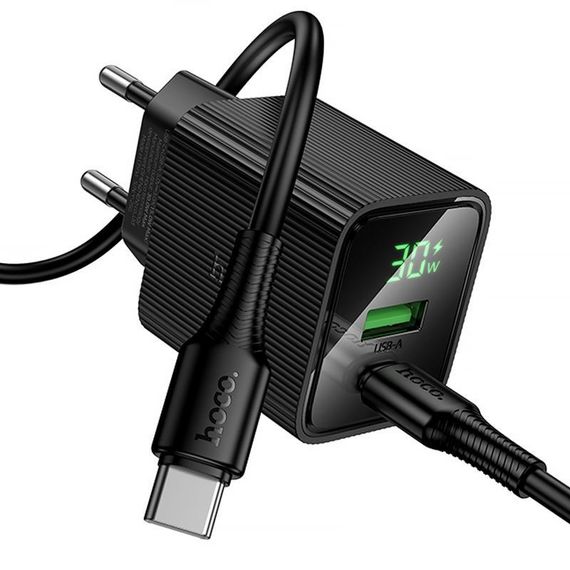 СЗУ Hoco CS84A Excellent with digital display PD30W+QC3.0 (1USB-A/1C) + кабель Type-C to Type-C Black | Зображення 2