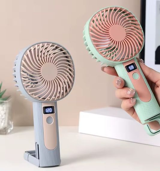 Портативный ручной вентилятор Handheld Fan FY083 пластиковый с подставкой и крючком LED дисплей 120 скоростей 1 Вт Голубой | Зображення 4
