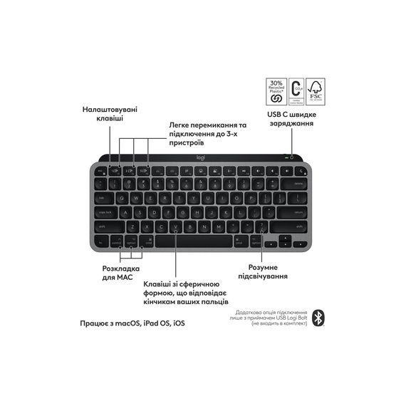 Клавіатура Logitech MX Keys Mini для MAC Wireless UA Space Grey (920-012652) | Зображення 2