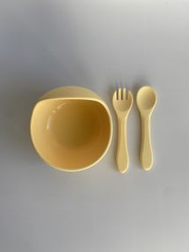 Глибока тарілка силіконова на присосці з приборами Жовтий