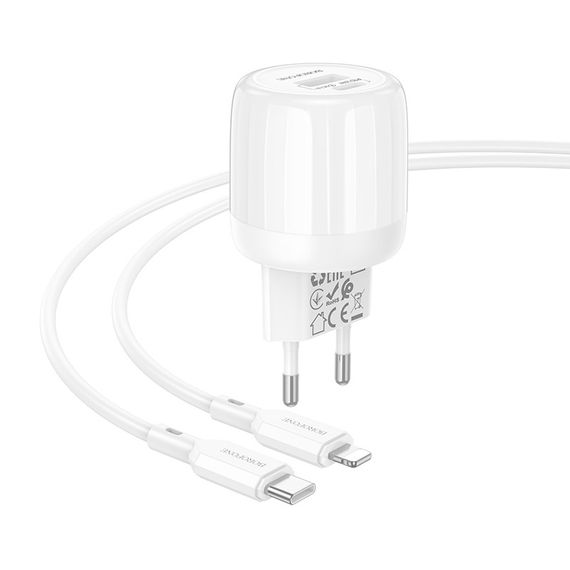 СЗУ Borofone BA93A Lustrous PD20W+QC3.0 (1USB-A/1C) + кабель Type-C to Lightning White | Зображення 1