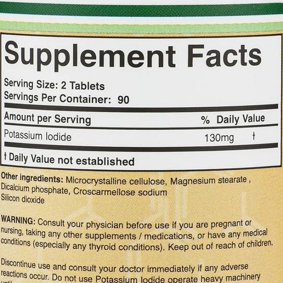 Микроэлемент Йод Double Wood Potassium Iodide 130 mg (2 tabs per serving) 180 Tabs | Зображення 1