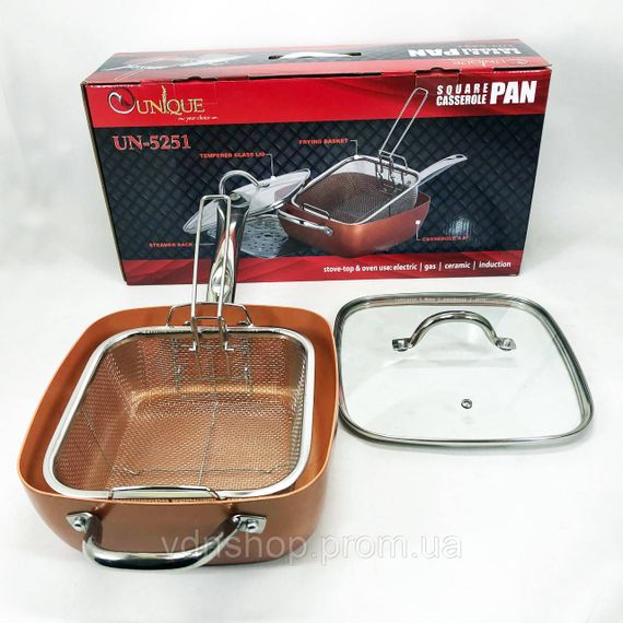 Сковорода-фритюрниця UNIQUE UN-5251 квадратна антипригарна з пароваркою та каструлею + скляна кришка 24 см UP-84 | Зображення 9
