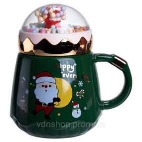 Чашка порцелянова з кришкою Christmas 400 (мл) Зелена Yiwu FM-CS-41A