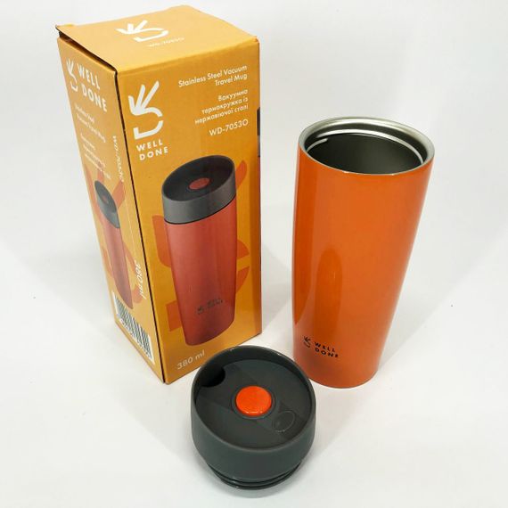 Якісний термос маленький Well Done WD-7053O 380 мл, Термос похідний для напоїв для чаю помповий AE-82 | Зображення 4