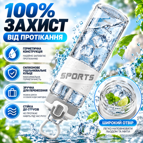 Эко-бутылка KANGZYUAN 500 мл белая спортивная для воды Tritan без BPA ударопрочная с эргономичной крышкой | Зображення 2
