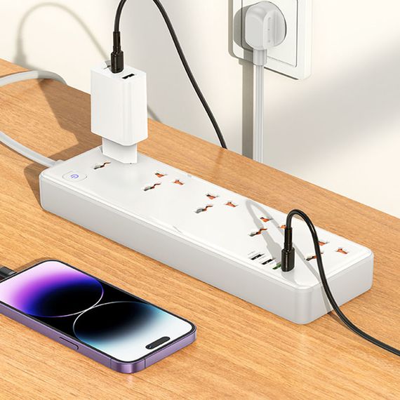 Подовжувач Hoco AC14A Rico PD30W (3USB-A/1C/5xSocket) (1.5m) White | Зображення 4