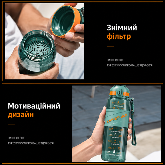 Спортивная бутылка KANGZYUAN 1000 мл (1 л) - Зеленая Tritan BPA-free, ударопрочная эко-бутылка с фильтром и ремешком | Зображення 1