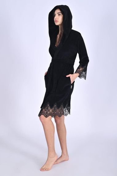 Жіночий халат Nusa 0483 велюровий з капюшоном Чорний, XL | Зображення 1