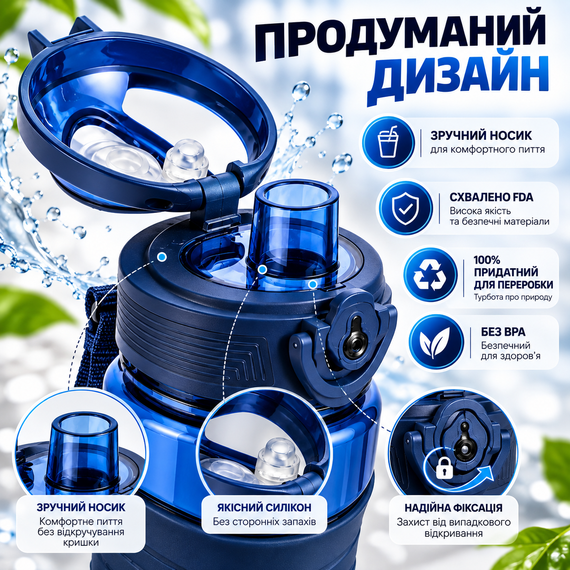 Бутылка для воды KANGZYUAN 450 мл синяя спортивная Tritan BPA Free с антибактериальным покрытием эргономичная ударопрочная | Зображення 7