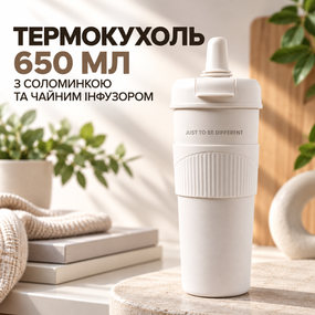 Термокухоль 650 мл із соломинкою та чайним інфузором, білий, без BPA — JUST TO BE DIFFERENT