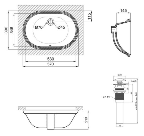 Комплект Qtap Stork: Раковина врізна овальна 570x390x210 мм White + Донний клапан PU02O (QT15116030WN47294) | Зображення 1