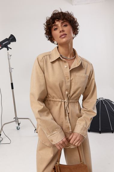 Котоновий вільний костюм із сорочкою на кнопках та прямими штанами - світло-коричневий цвет, ONE SIZE (є розміри) | Зображення 2