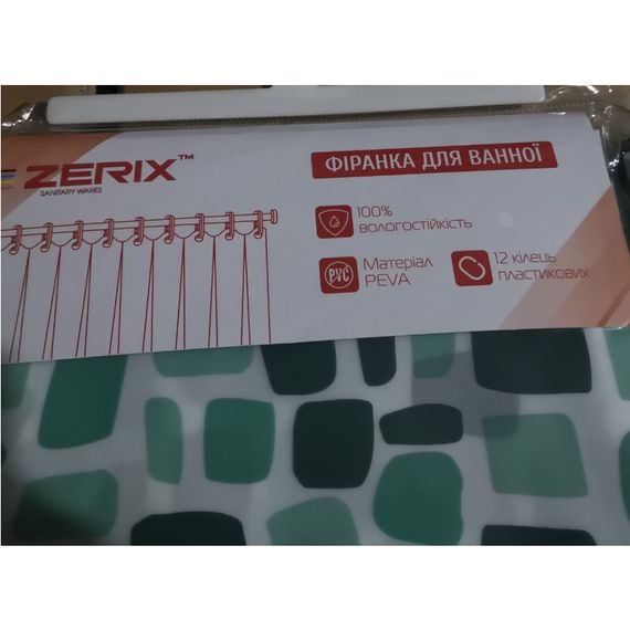 Шторка для ванної ZERIX SCP-010-180x180 з PEVA (поліетиленвінілацетату) (Візерунок "Бризки" зелені) (ZX6083) | Зображення 2