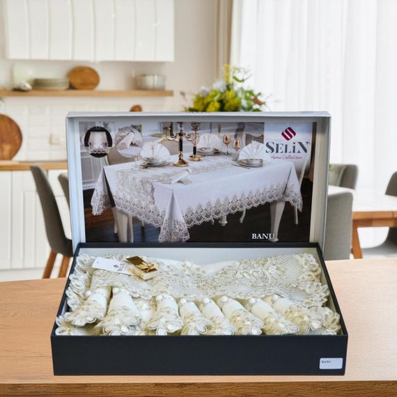 Льняна скатертина з ранером Selin Banu Set 160×350+12 серветок кремова | Зображення 1