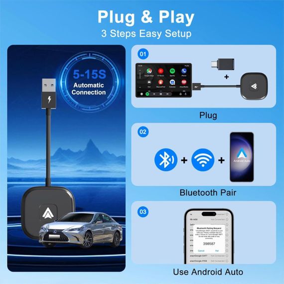 Бездротовий адаптер для штатного Android Auto для Android 11 12 13 14, перетворення провідного з Bluetooth Wi-Fi USB | Зображення 2