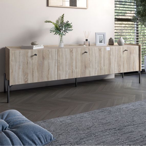 Тумба під телевізор на 3 шухляди LION Wood з чорними ніжками 160х65х40 см Дуб Сонома (LION-043100)