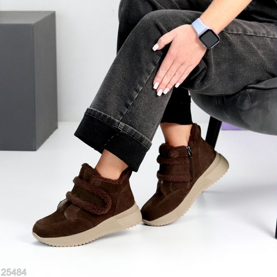 Шоколадные замшевые зимние спортивные ботинки, молния + липучка