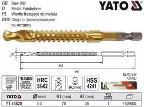 Сверло фрезерное YATO HSS-TIN Ø=3 мм l=70 мм HEX - 1/4" YT-44820