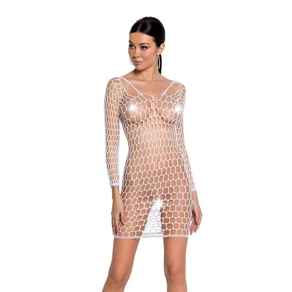 Бодістокінг-сукня з глибоким коміром Passion BS093 white, довгі рукави, One size