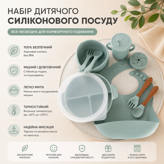 Набір дитячого силіконового посуду для прикорму з тарілкою на присосці, мискою, чашкою та слинявчиком, блакитний