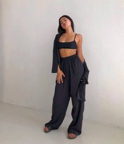 Женский легкий костюм тройка брюки, топ, рубашка BF1048 цвет черный, размер 42/44