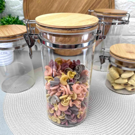 Висока банка Bugel Bamboo GK-5433 для сипучих продуктів 1250 мл з бамбуковою кришкою на клямці  Прозорий | Зображення 3