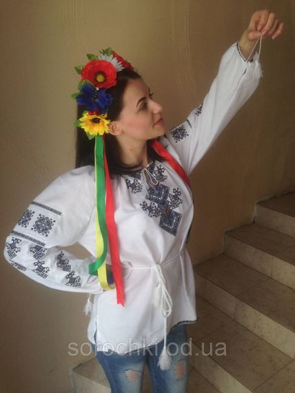 Вишиванка жіноча, біла або джинсова, орнамент" Берегиня", тканина домотканная | Зображення 3
