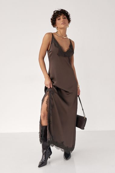 Сатинова сукня на бретелях із мереживом - коричневий цвет, ONE SIZE (є розміри)
