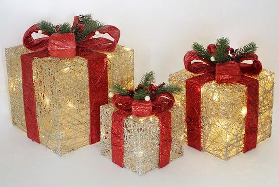 Набір декоративних подарунків - 3 коробки 15х20см, 20х25см, 25х30см з LED-підсвіткою, шампань з червоними бантами КОПІЯ | Зображення 1