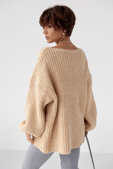 Однотонний джемпер крупної в'язки - бежевий цвет, ONE SIZE (є розміри) | Зображення 1