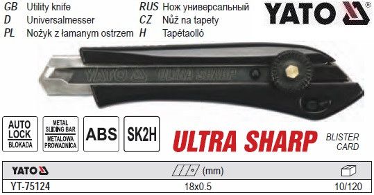Нож YATO Польща ниж висувне лезо M=18 мм YT-75124
