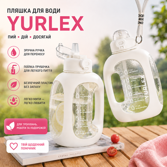 Спортивная бутылка для воды 1.5 л (1500 мл) Белая - с ручкой и трубочкой без BPA, с мотивационной шкалой времени | Зображення 2
