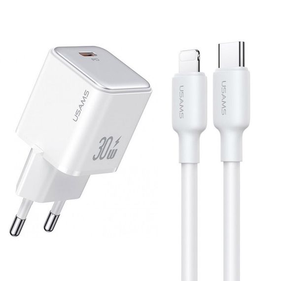 СЗУ Usams US-CC186 PD30W (1USB-C) + кабель Type-C to Lightning White