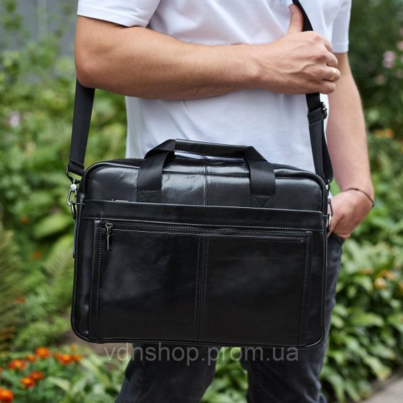 Кожаная мужская сумка-портфель 38х28х8, сумочка для работы и ежедневных дел, мужской шопер, черная | Зображення 8