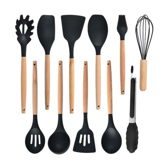 Набор кухонных принадлежностей из 12 предметов Kitchen Set, Черный / Силиконовый кухонный набор с подставкой | Зображення 4