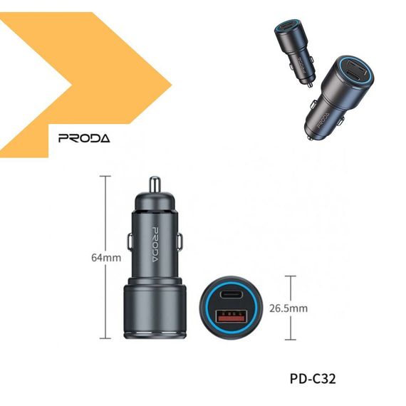 Автомобільний зарядний пристрій Remax Proda PD-C32 PD 20W + QC 18W 1USB/1Type-C сірий (MAW-45379_223) | Зображення 1