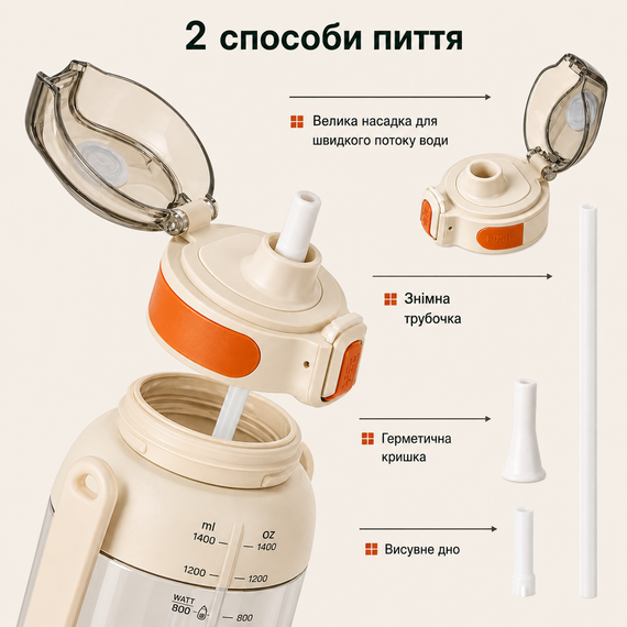 Бутылка для воды TKK 1400 мл (1,4 л) Tritan, с мерной шкалой, соломинкой и ремешком, белая | Зображення 2
