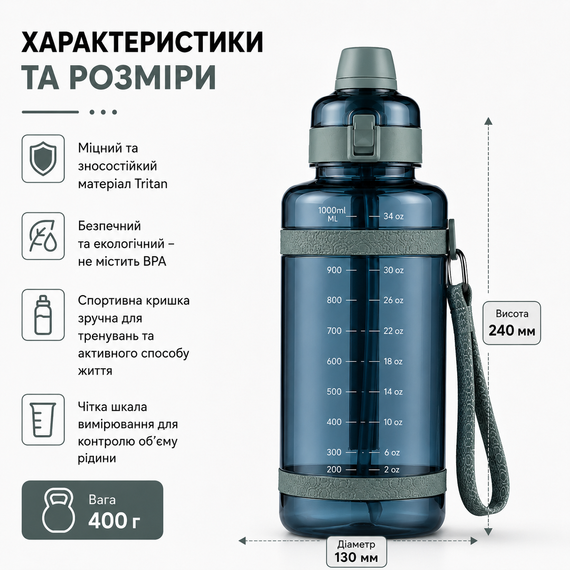 Удобная спортивная бутылка с соломинкой 1000 мл из тритана берюзовая | Зображення 6