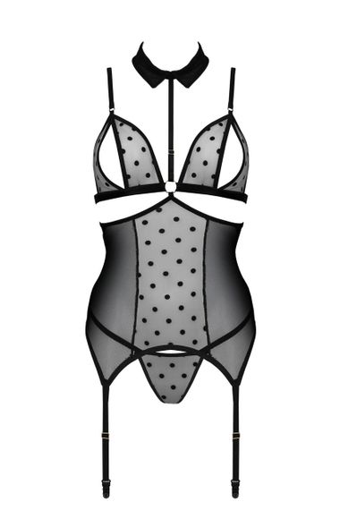 Корсет з відкритими грудьми Passion DOMINICA CORSET L/XL black, пажі для панчіх, стрінги | Зображення 2