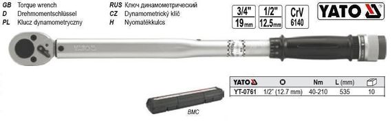Ключ динамометрический YATO Польша 1/2" 40-210NM l=535 мм YT-0761